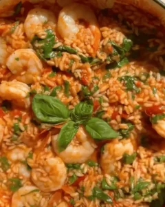 Finished One-Pan Salsa Verde Shrimp and Rice garnished with fresh basil and spinach.