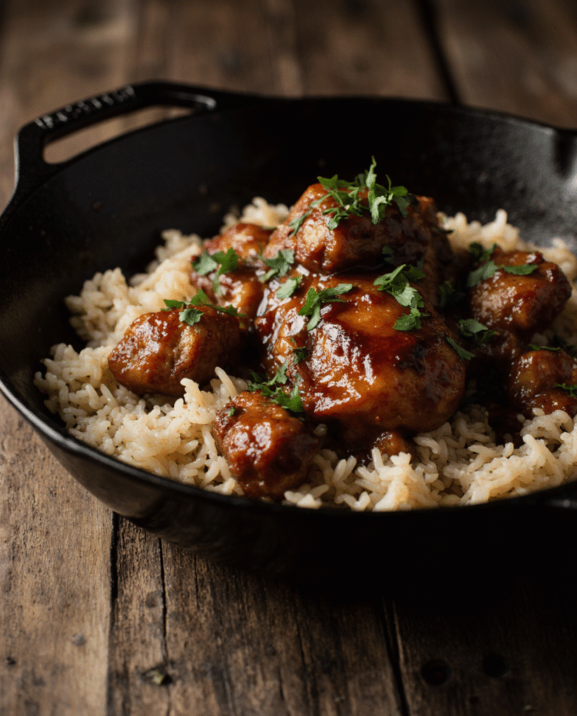 Served bowl of one-pan honey BBQ chicken rice