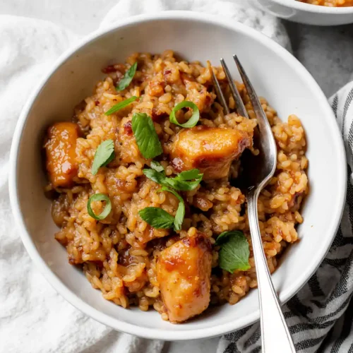 one-pan bold honey BBQ chicken rice in skillet