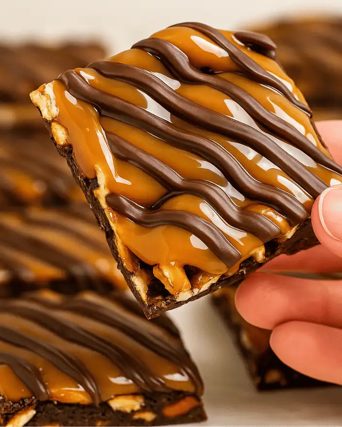 hand holding no bake caramel pretzel crack bar with chocolate drizzle