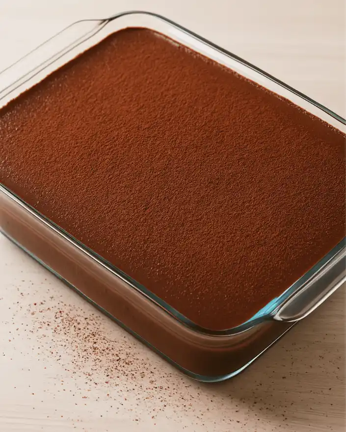 Full tray of no bake Boston cream pie bars dusted with cocoa powder in a glass dish.