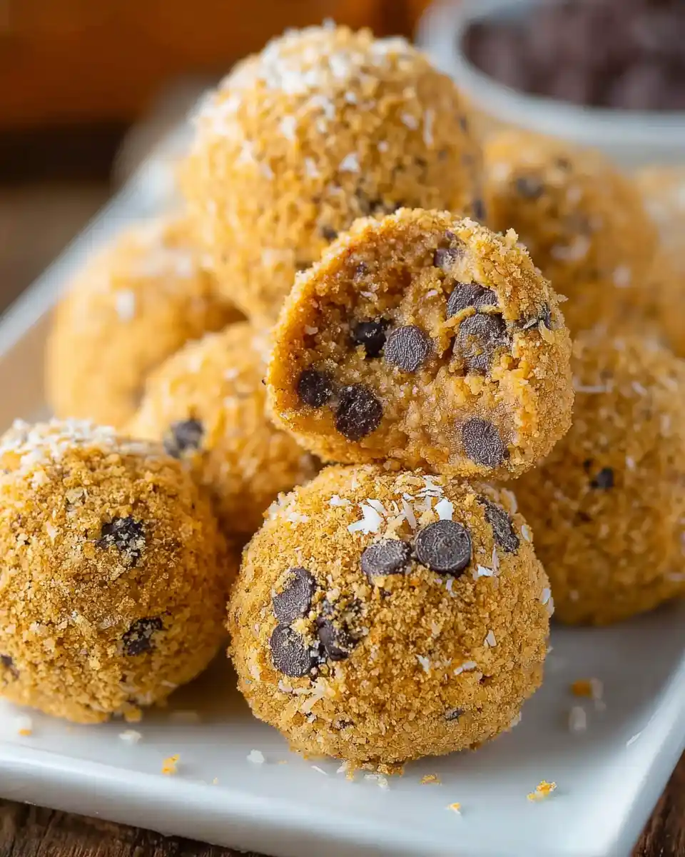 No Bake Moose Farts 5 Close-up of No Bake Moose Farts cookie balls made with coconut and chocolate chips, one cut open to show the soft, crumbly interior on a white plate.