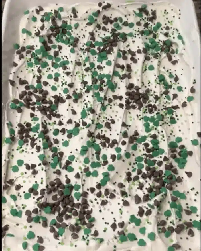 No Bake Shamrock Shake Dessert topped with chocolate chips and green sprinkles
