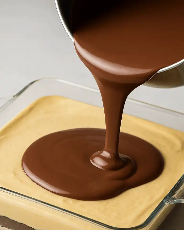 Chocolate sauce poured over creamy vanilla layer in Oreo dessert