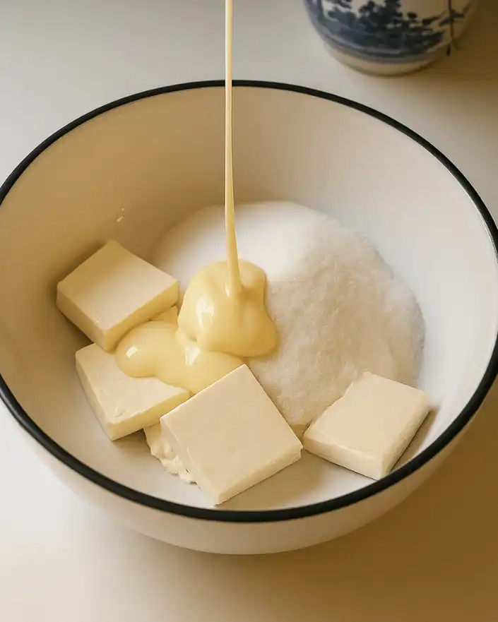 Sweetened condensed milk and cream cheese in a bowl for Oreo dessert