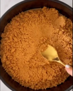 Crushed biscuit crust being pressed into the base of a springform pan with a spoon.