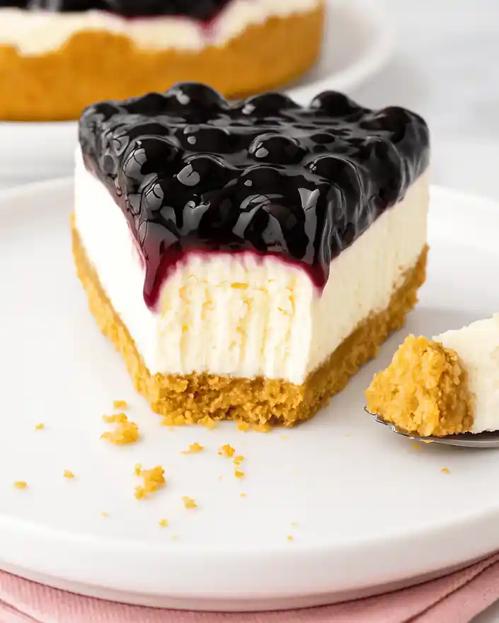 A slice of blueberry cheesecake dessert no bake on a white plate with crumbs scattered around.