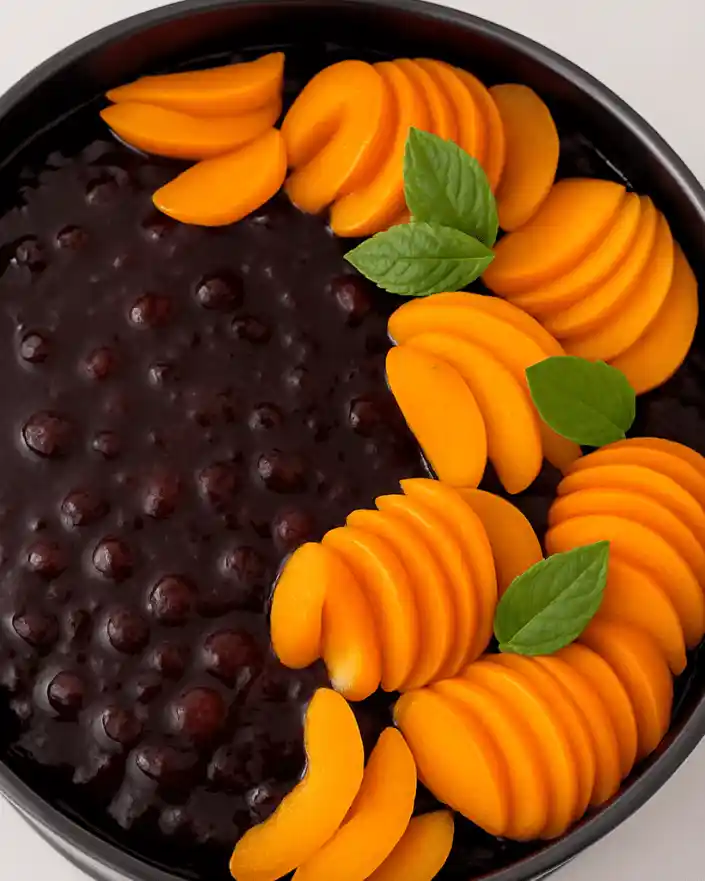  blueberry cheesecake dessert No bake topped with blueberry jam, sliced apricots, and fresh mint.