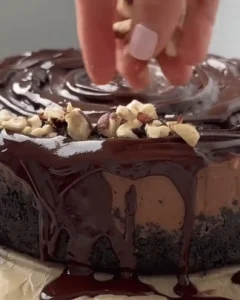 finishing no-bake double chocolate cheesecake recipe with ganache and hazelnuts