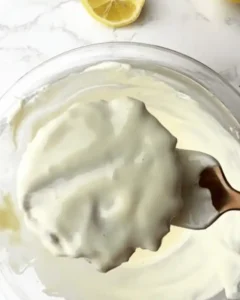Lemon no bake oatmeal cookie being dipped in melted white chocolate coating in a glass bowl.