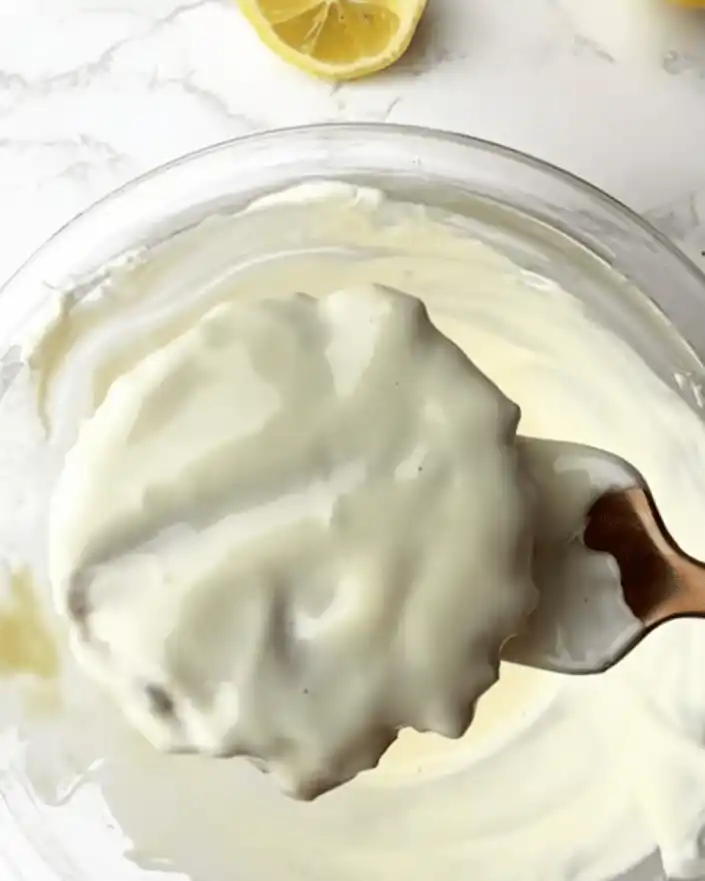 Lemon no bake oatmeal cookie being dipped in melted white chocolate coating in a glass bowl.
