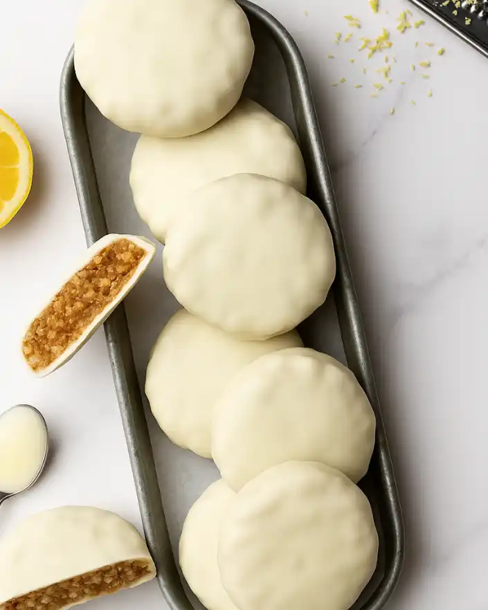 A tray filled with lemon no bake oatmeal cookies coated in white chocolate, with one cookie cut open to reveal its chewy interior.