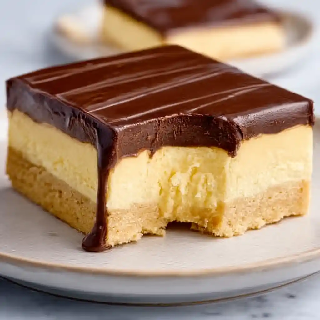 No Bake Boston Cream Pie Bars 5 Close-up of No Bake Boston Cream Pie Bars showing creamy vanilla custard and chocolate ganache layers.
