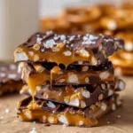 Stack of no bake caramel pretzel crack bars with melted caramel, chocolate drizzle, and sea salt flakes
