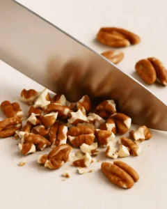 Fresh pecans being chopped for no bake praline cookies