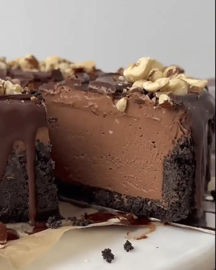 slice of no-bake double chocolate cheesecake recipe with ganache and hazelnuts