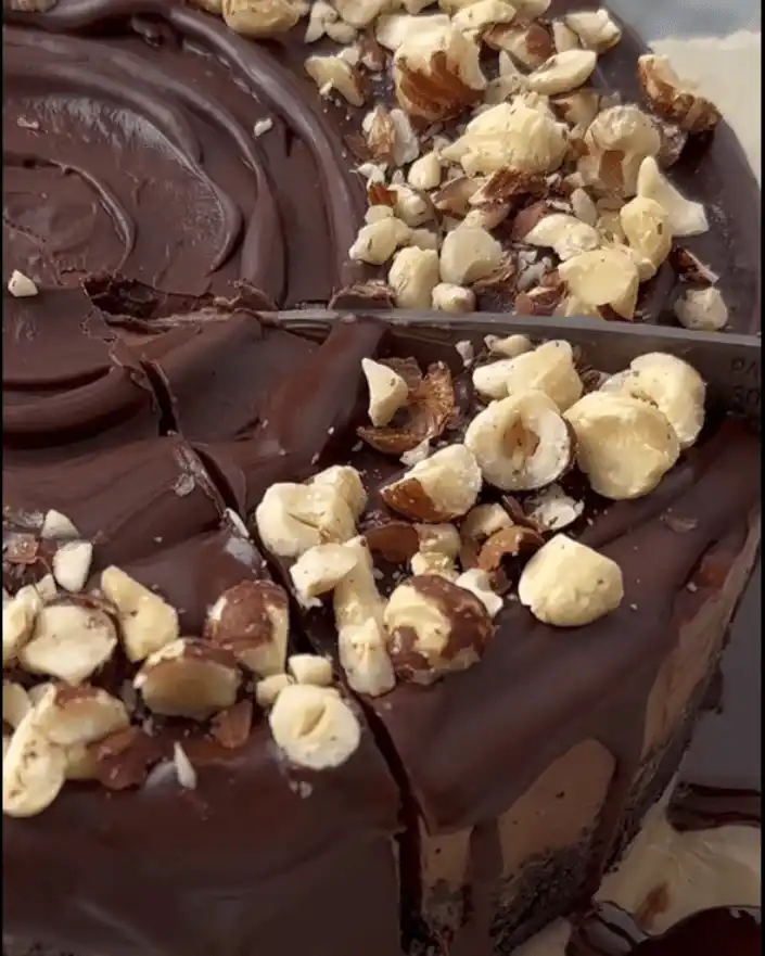no-bake double chocolate cheesecake recipe topped with hazelnuts and ganache