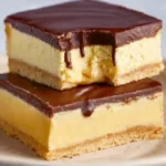 No Bake Boston Cream Pie Bars 1 No Bake Boston Cream Pie Bars with a thick caramel layer, creamy vanilla filling, and rich chocolate ganache topping.