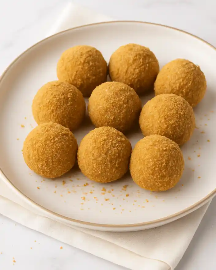 Plate of no bake moose farts coated in graham cracker crumbs