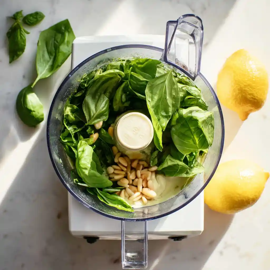 Best Pesto Sauce Recipe 3 Blending basil, garlic, and pine nuts for pesto sauce
