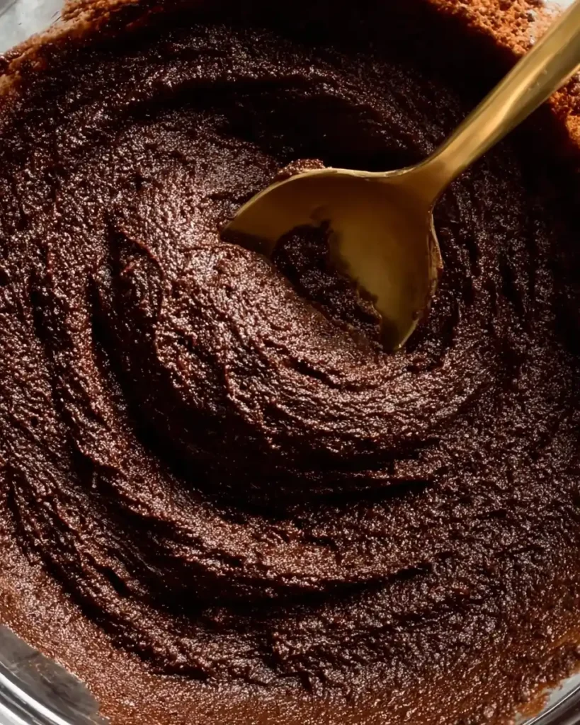 mixing thick fudgy brownie batter base with a gold spoon in a glass bowl