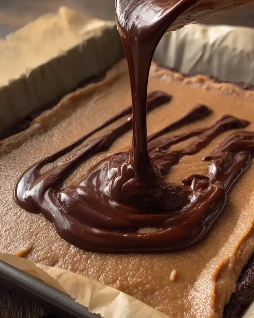 pouring melted chocolate over date caramel layer