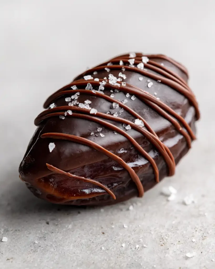 Close-up of No-Bake Dark Chocolate Stuffed Date with sea salt and chocolate drizzle