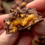 No Bake Crunchy Peanut Caramel Cookies 2 Inside view of no bake crunchy peanut caramel cookies showing caramel center.