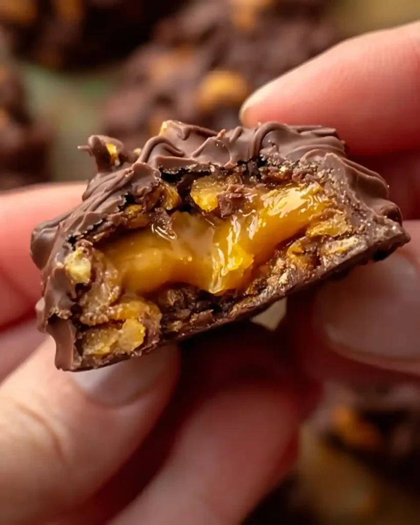 No Bake Crunchy Peanut Caramel Cookies 1 Inside view of no bake crunchy peanut caramel cookies showing caramel center.