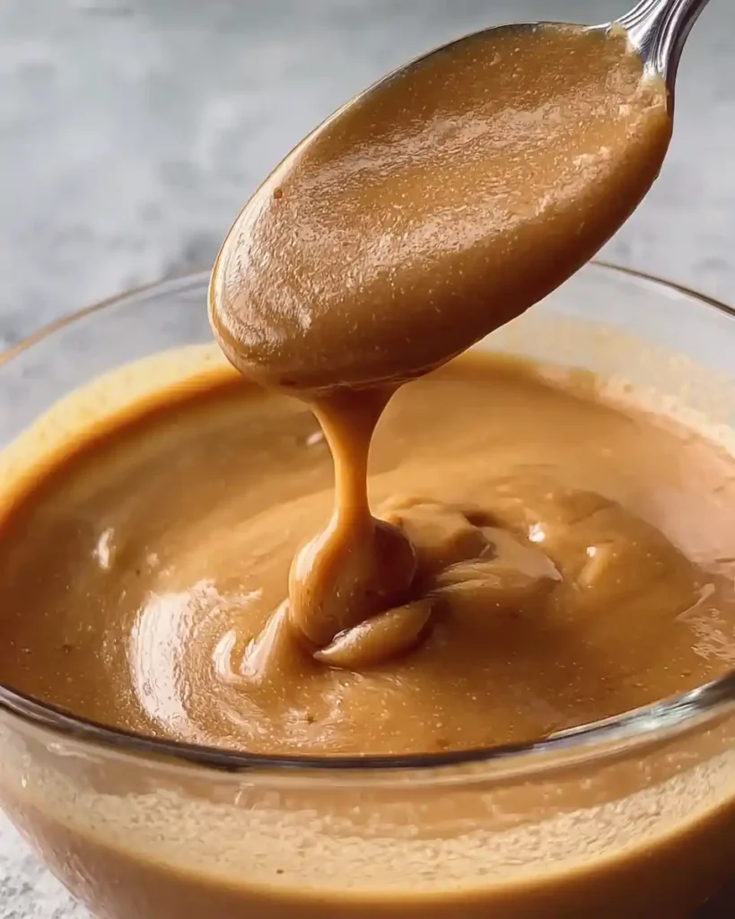 spoon lifting creamy date caramel mixture from bowl