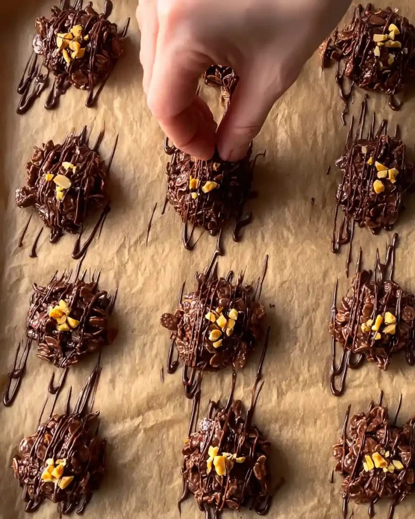 No Bake Crunchy Peanut Caramel Cookies 5 Drizzling melted chocolate and adding peanuts to cookies.