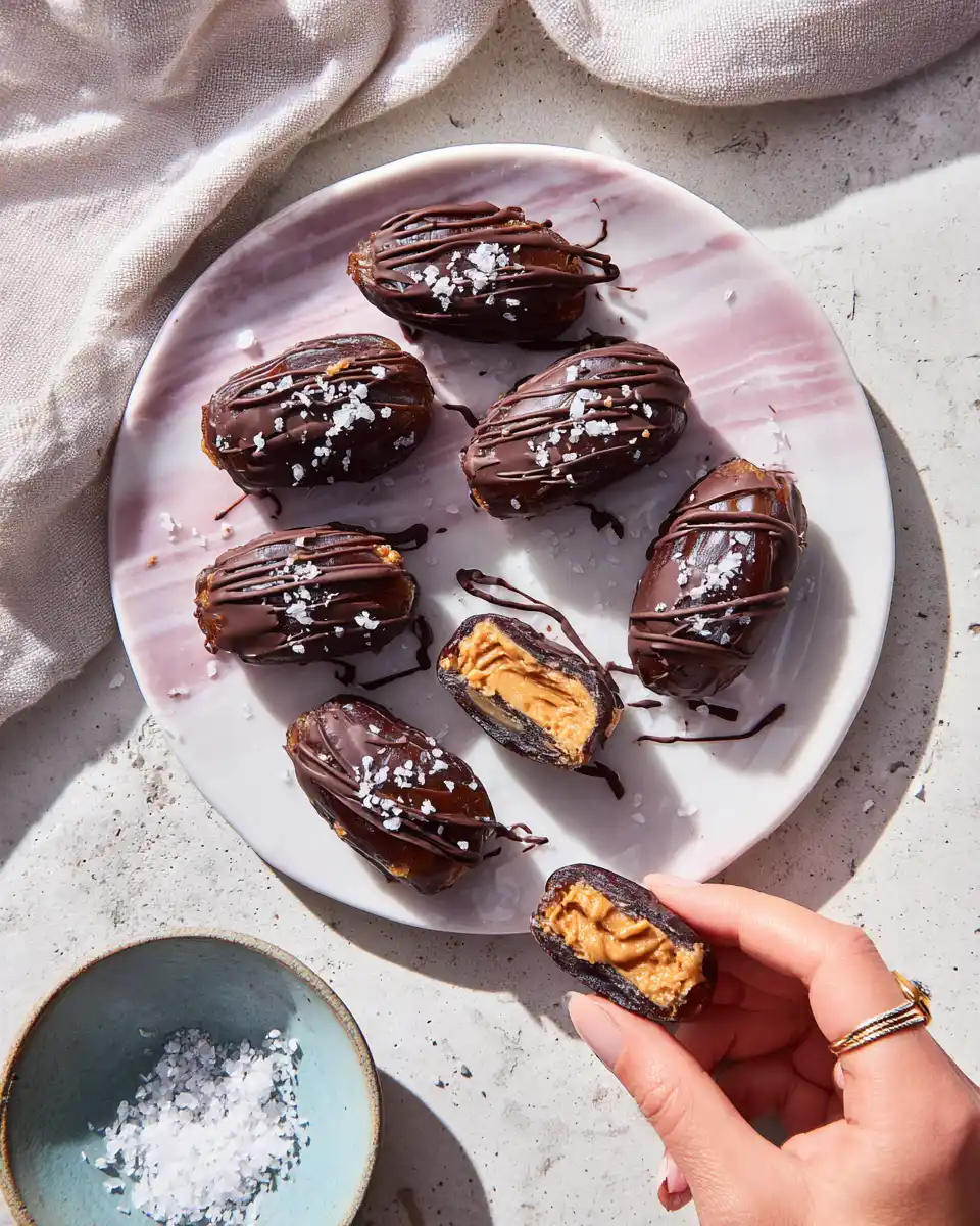No-Bake Dark Chocolate Stuffed Dates with peanut butter and sea salt on a marble plate