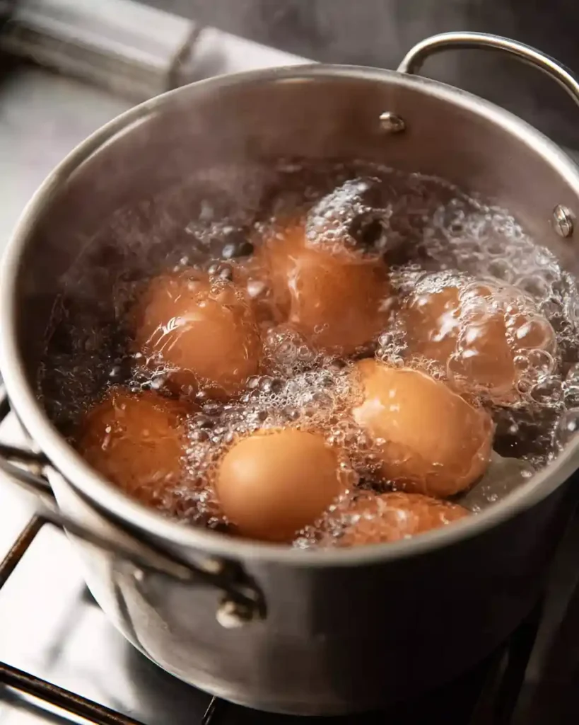 How to Hard Boil Eggs 1 Brown eggs gently boiling in a saucepan of water