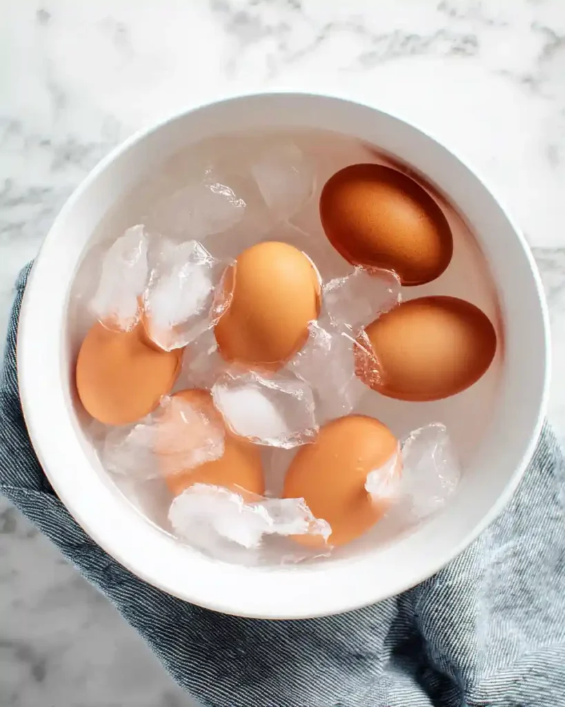 How to Hard Boil Eggs 4 Hard-boiled eggs cooling in a white bowl filled with ice cubes