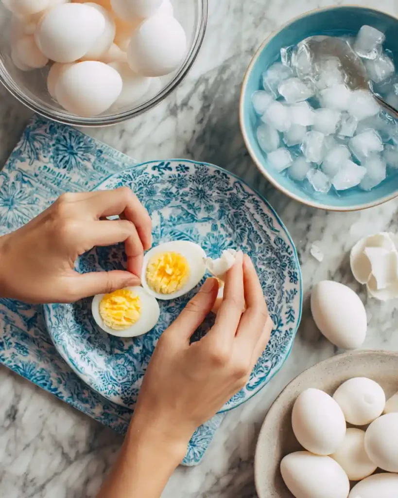 How to Hard Boil Eggs 5 Hands peeling a hard-boiled egg over a blue patterned cutting board