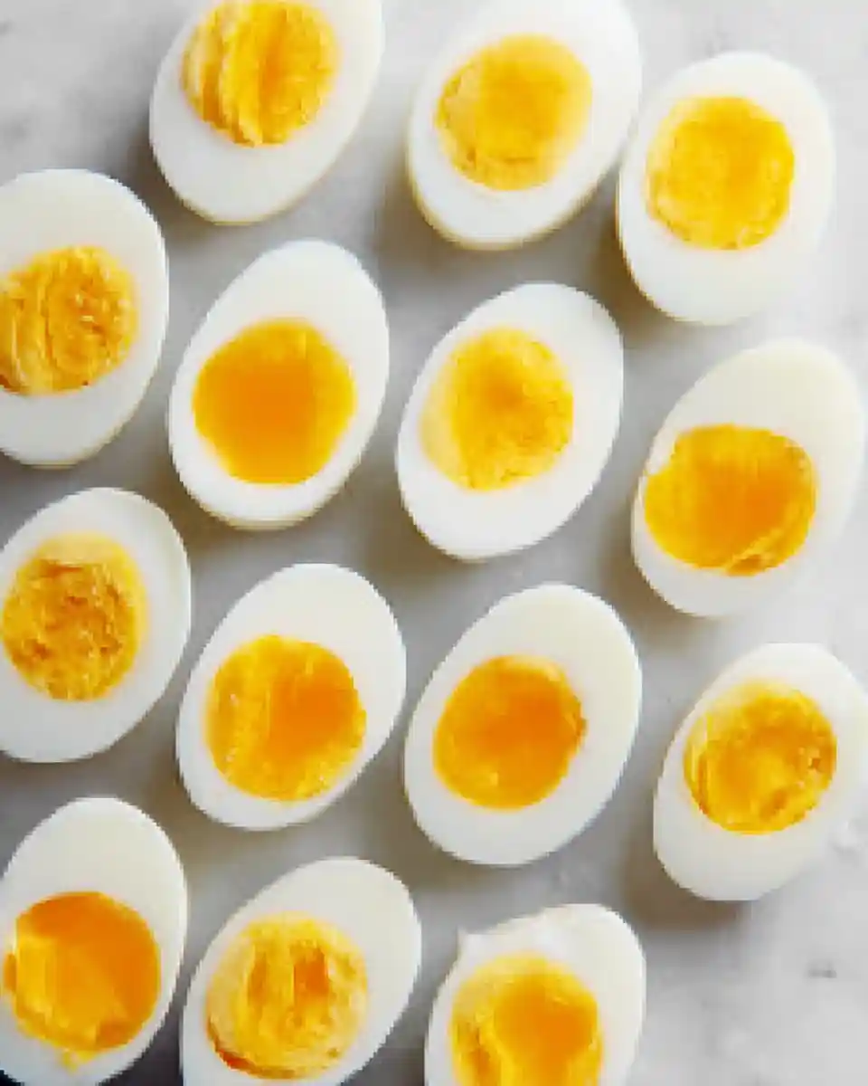 How to Hard Boil Eggs 2 Hard Boil Eggs sliced in half showing firm golden yolks on a white plate