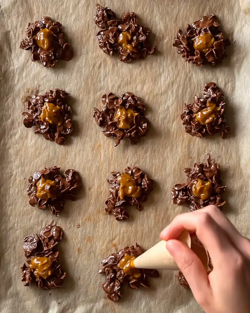 No Bake Crunchy Peanut Caramel Cookies 4 Adding caramel peanut filling to chocolate cornflake cookies.