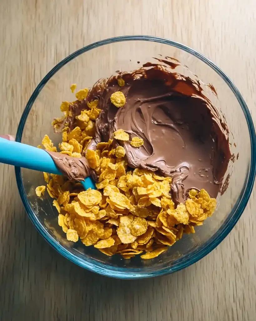 No Bake Crunchy Peanut Caramel Cookies 3 Mixing cornflakes with melted chocolate for no bake cookies.