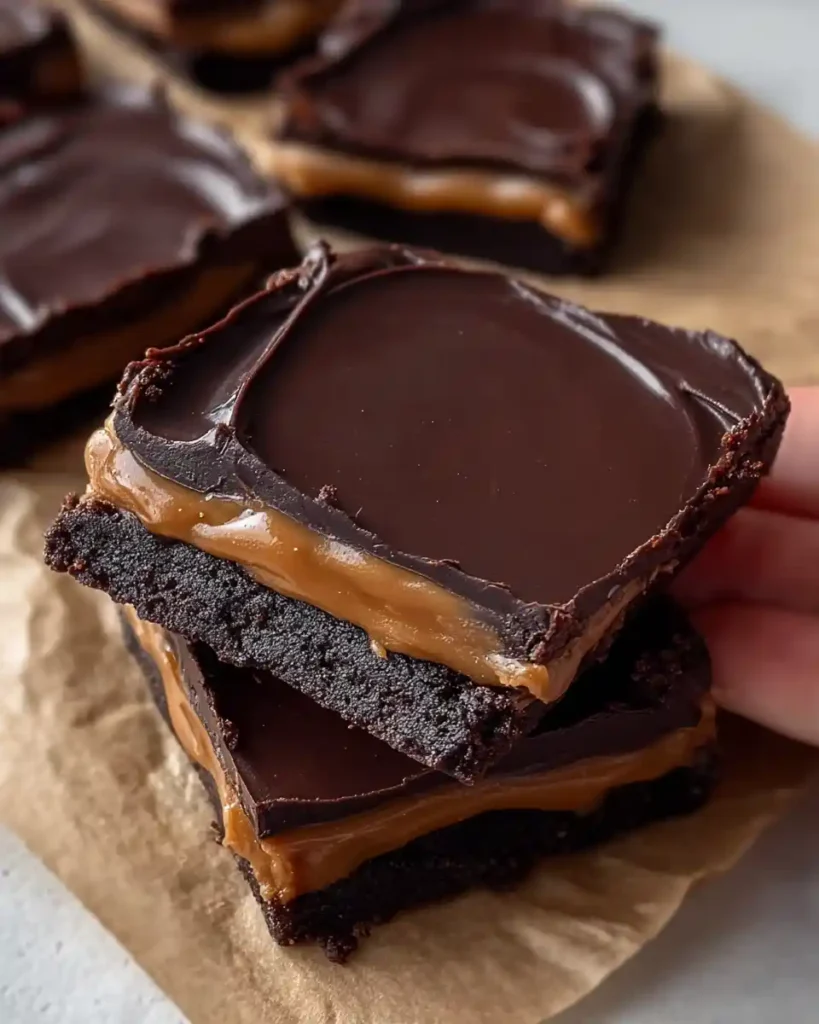 stack of no-bake date caramel brownie batter bars showing glossy chocolate top and gooey caramel layer