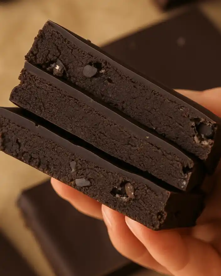 Stack of no bake healthier brownies with glossy chocolate topping held in hand