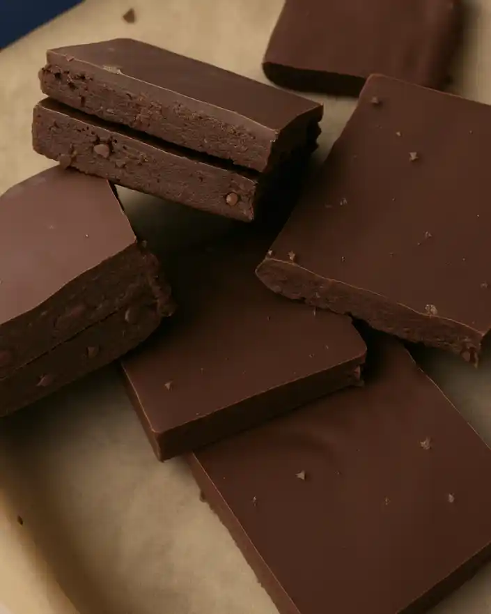 no bake healthier brownies recipe sliced into squares on parchment paper