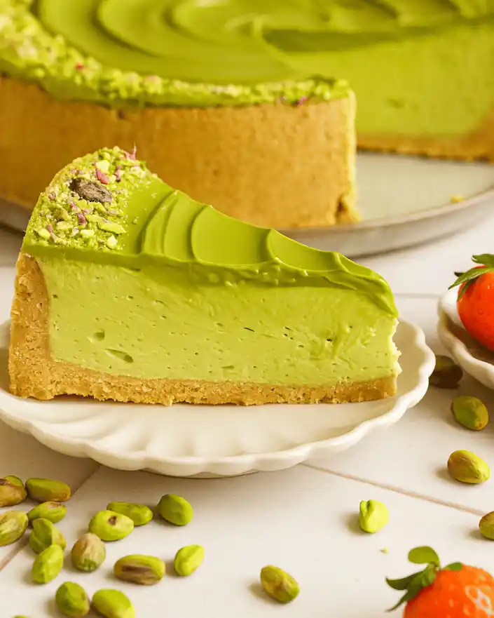 Slice of No Bake Pistachio Cheesecake with pistachio cream topping