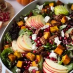 Quick Autumn Harvest Salad 2 Colorful autumn salad with roasted squash, apples, pecans, goat cheese, and pomegranate on fresh greens