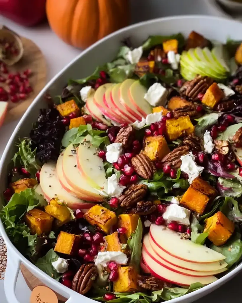 Quick Autumn Harvest Salad 1 Colorful autumn salad with roasted squash, apples, pecans, goat cheese, and pomegranate on fresh greens