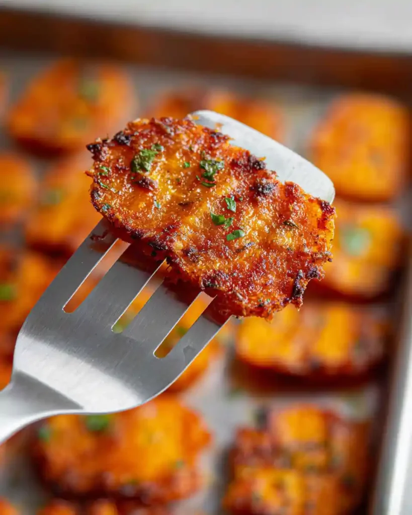 Golden Quick Crispy Parmesan Carrots on spatula ready to serve.