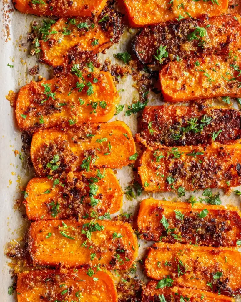 Quick Crispy Parmesan Carrotson a parchment-lined baking sheet with parsley.