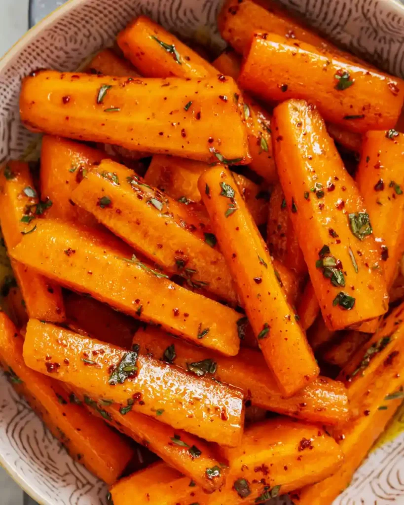 Carrot sticks marinated in olive oil, garlic, and paprika.