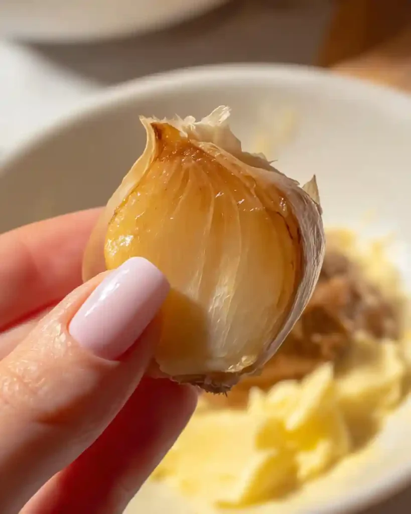 Quick Roasted Garlic Bread 3 Roasted garlic clove being pressed out of its skin