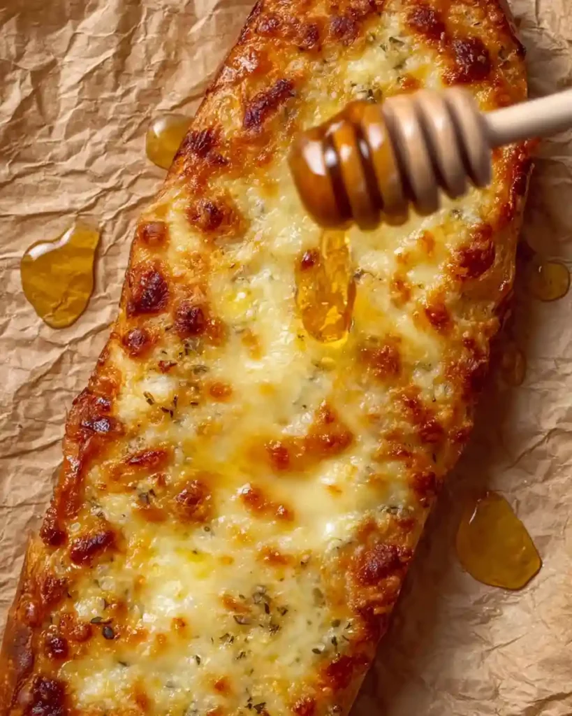 Quick Roasted Garlic Bread 6 Honey being drizzled over golden cheesy garlic bread