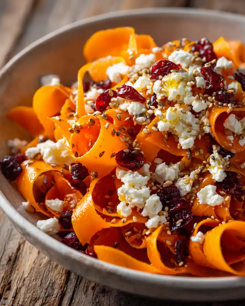 Quick Side Dish Carrot Ribbon Salad with feta, cranberries, and honey